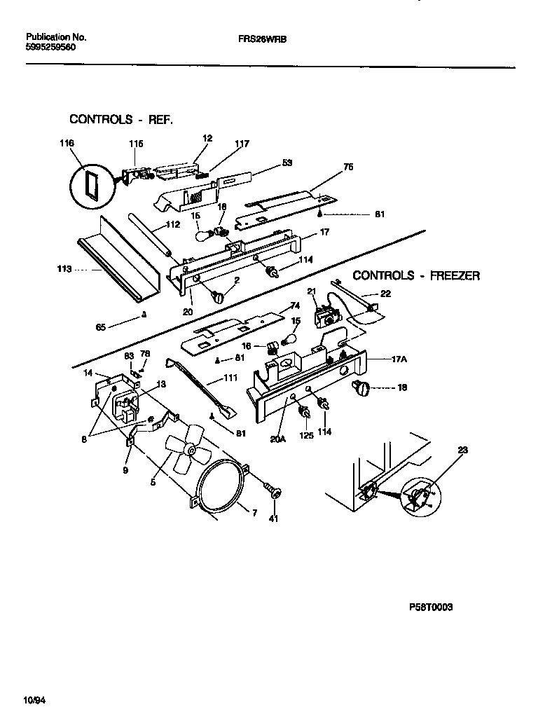 Frigidaire FRS26WRBW0 controls, damper, fan section diagram