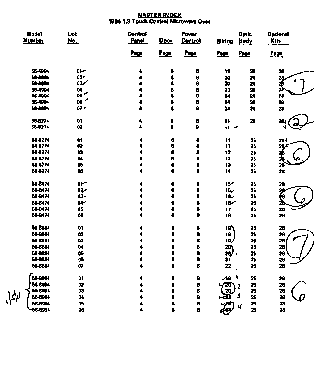 Tappan 56-4204-10-07 master index diagram