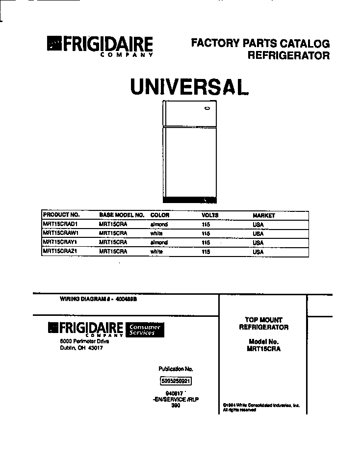 Universal/Multiflex (Frigidaire) MRT15CRAW1 cover page diagram