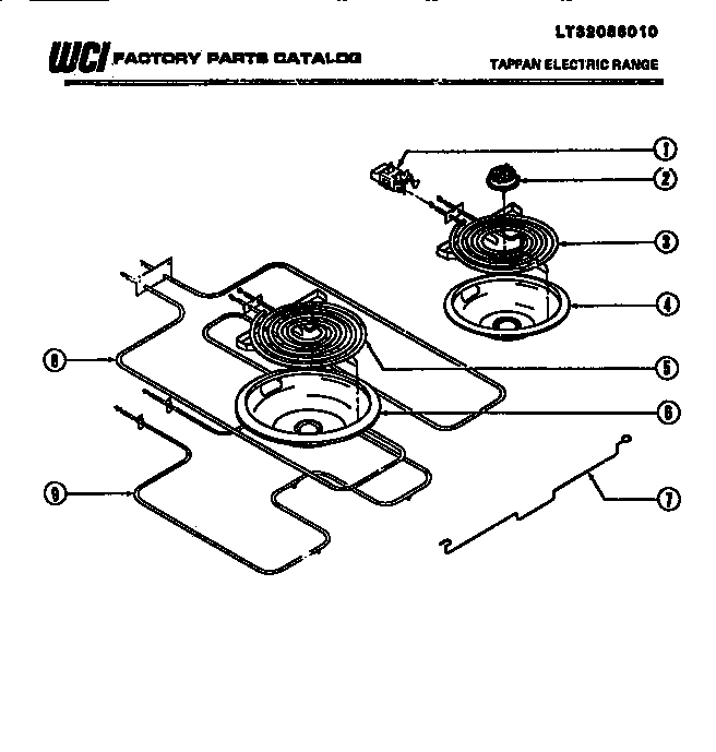 Tappan 37-1042-00-03 burners, drip pans, elements diagram