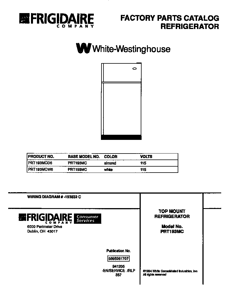 White-Westinghouse PRT193MCW6 cover page diagram