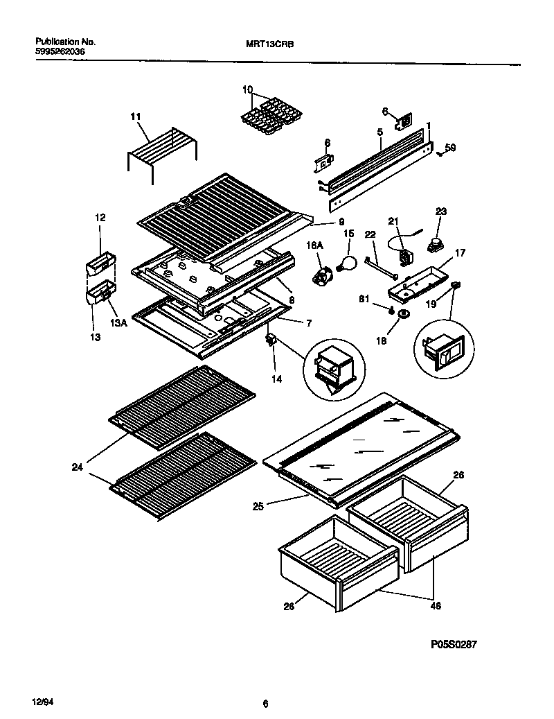 Universal/Multiflex (Frigidaire) MRT13CRBD2 shelves, controls, divider, mullion diagram