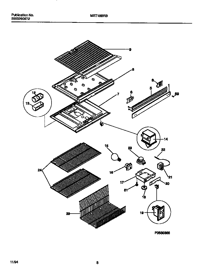Universal/Multiflex (Frigidaire) MRT18BRBY2 shelves, controls, divider, mullion diagram