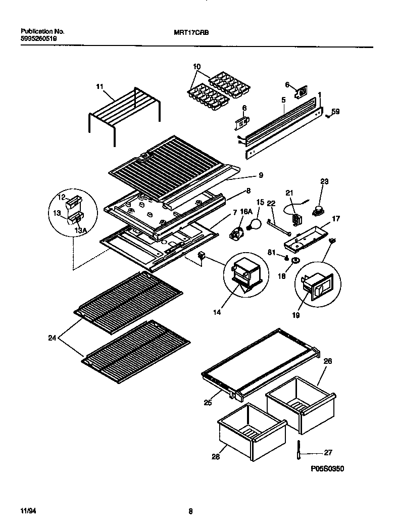 Universal/Multiflex (Frigidaire) MRT17CRBY2 shelves, controls, divider, mullion diagram