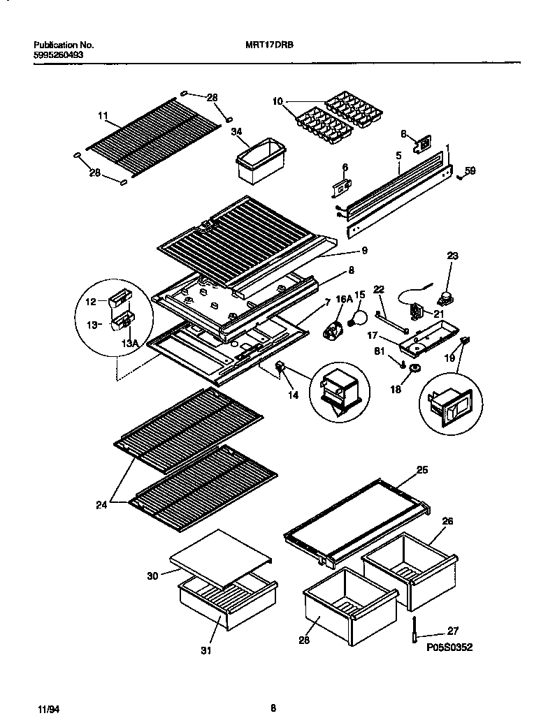 Universal/Multiflex (Frigidaire) MRT17DRBY2 shelves, controls, divider, mullion diagram