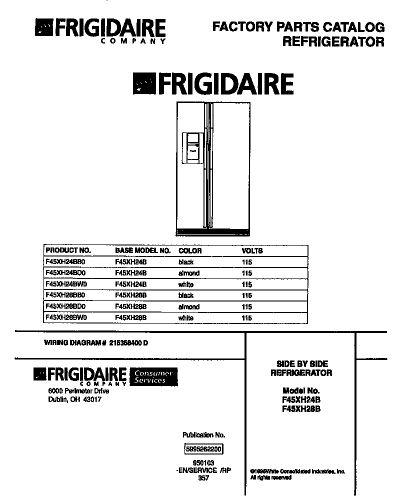 Frigidaire F45XH24BW0 front cover diagram