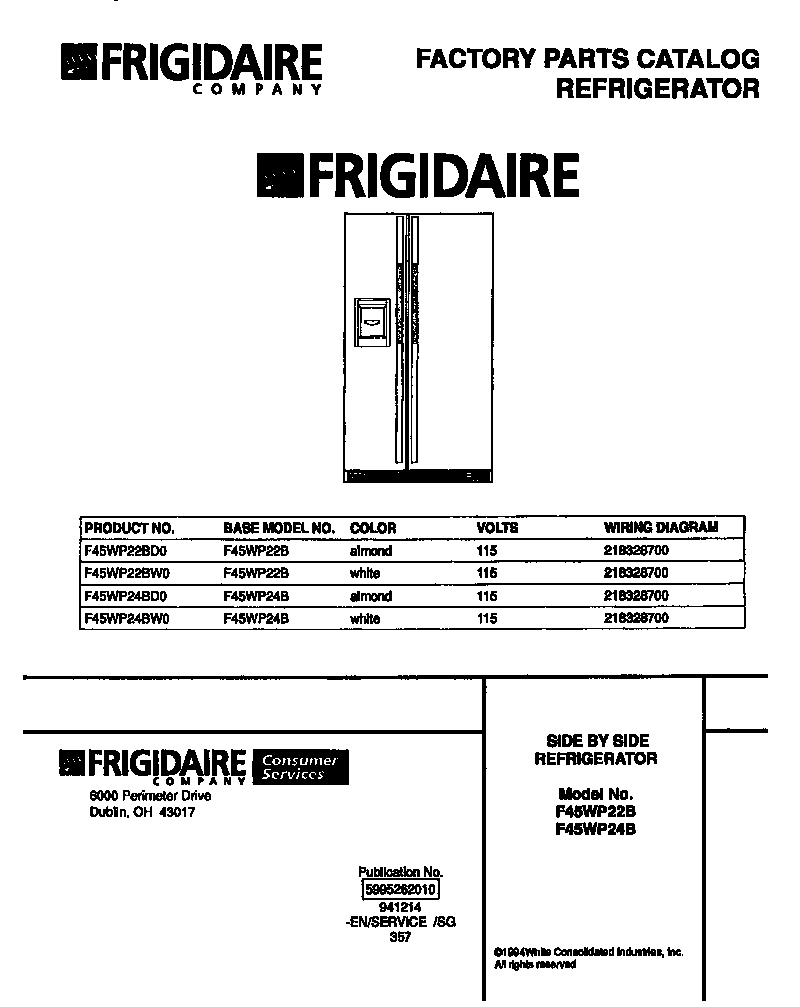 Frigidaire F45WP22BW0 front cover diagram