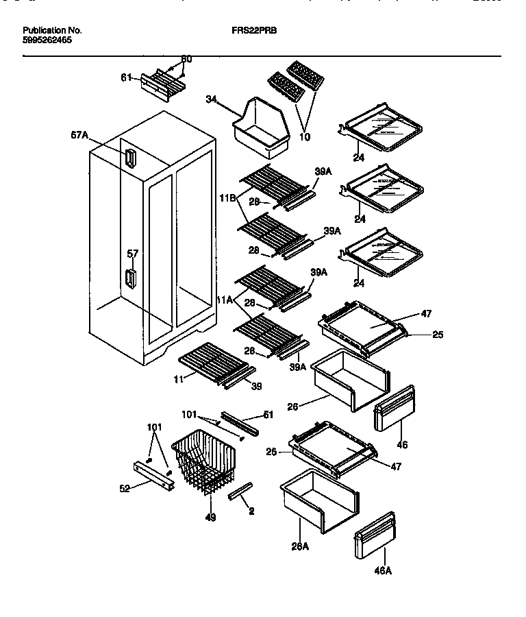 Frigidaire FRS22PRBW1 shelves, water tank, 3-door mullion diagram