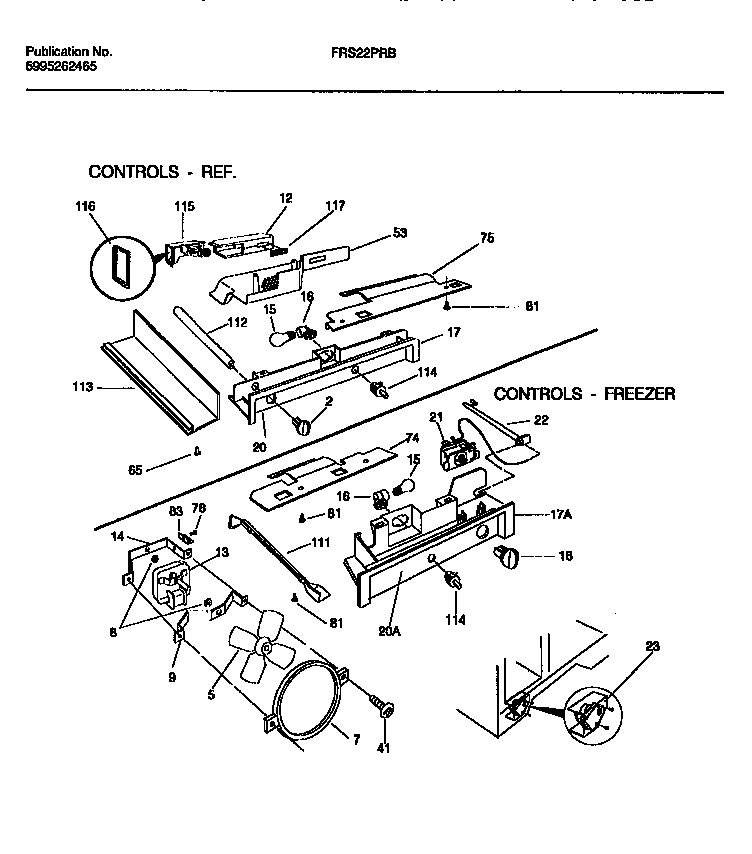 Frigidaire FRS22PRBW1 controls, damper, fan section diagram