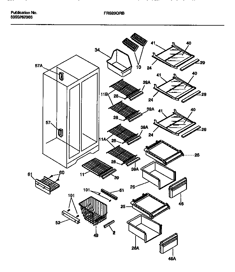 Frigidaire FRS20QRBD1 shelves, water tank, 3-door mullion diagram