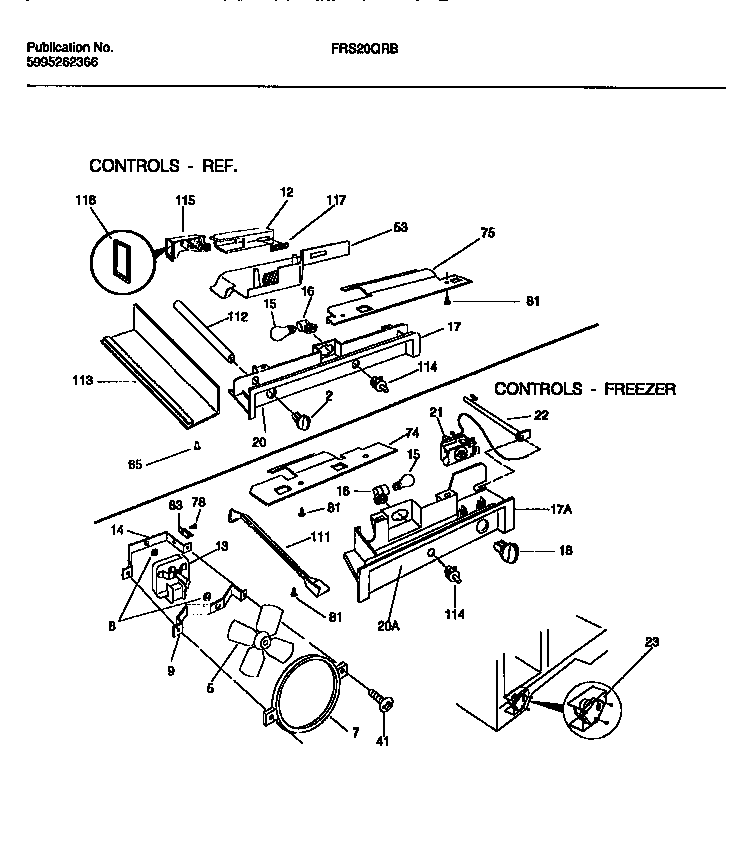 Frigidaire FRS20QRBD1 controls, damper, fan section diagram