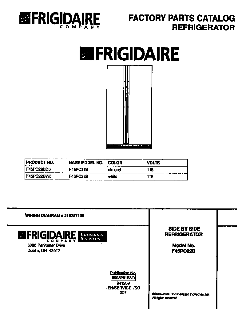 Frigidaire F45PC22BD0 front cover diagram