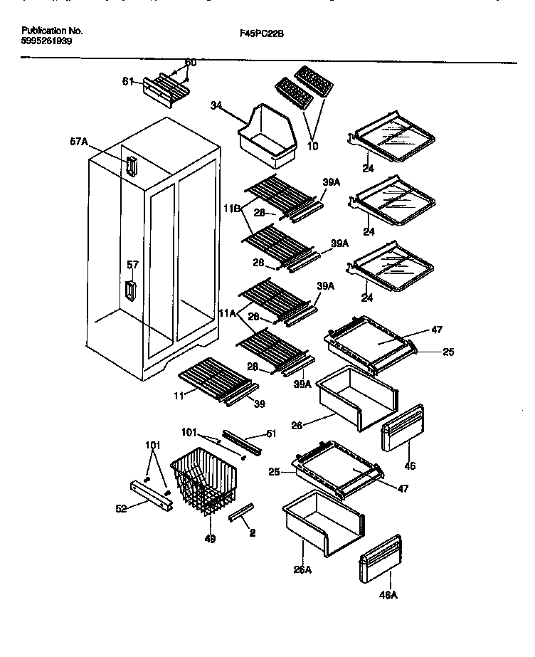 Frigidaire F45PC22BD0 shelves, water tank, 3-door mullion diagram