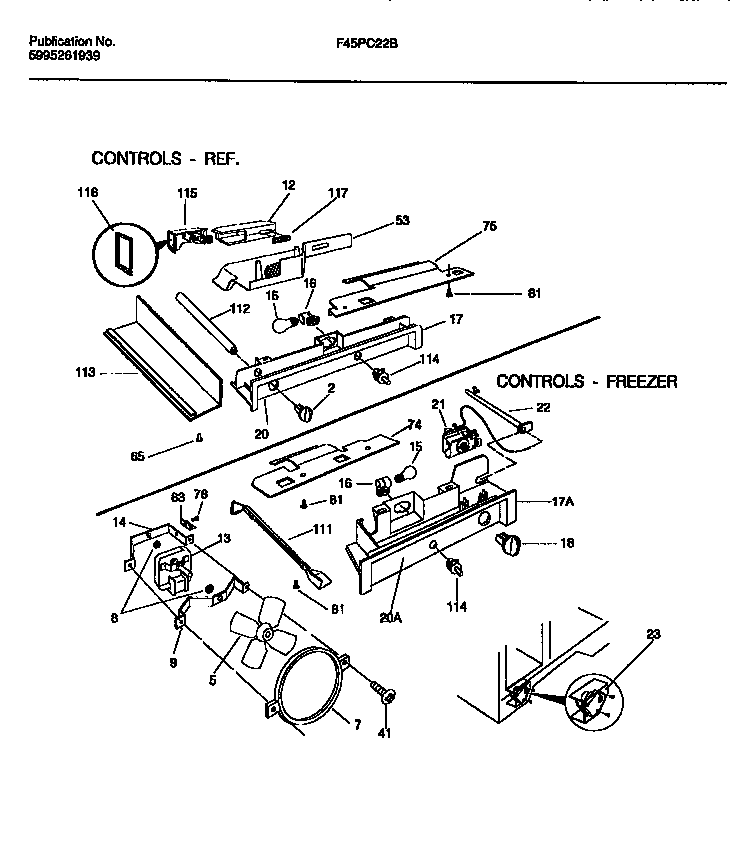Frigidaire F45PC22BD0 controls, damper, fan section diagram