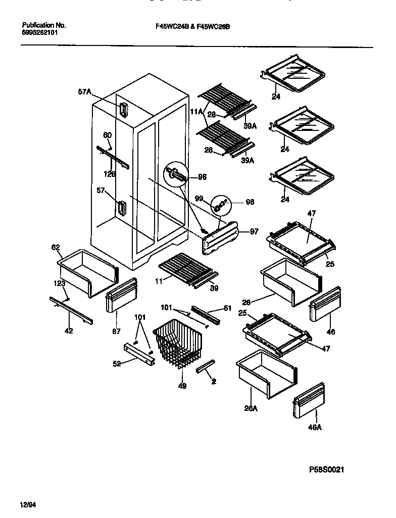 Frigidaire F45WC24BD0 shelves, water tank, 3-door mullion diagram