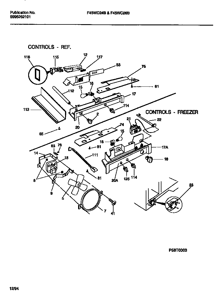 Frigidaire F45WC24BD0 controls, damper, fan section diagram