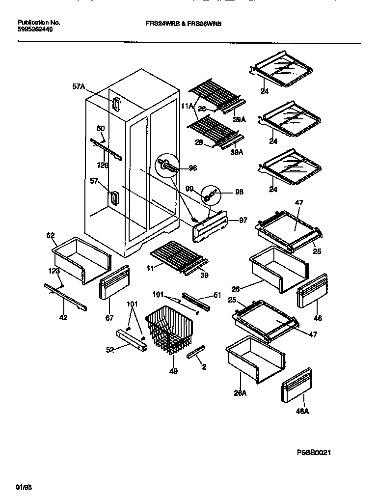 Frigidaire FRS26WRBW1 shelves, water tank, 3-door mullion diagram