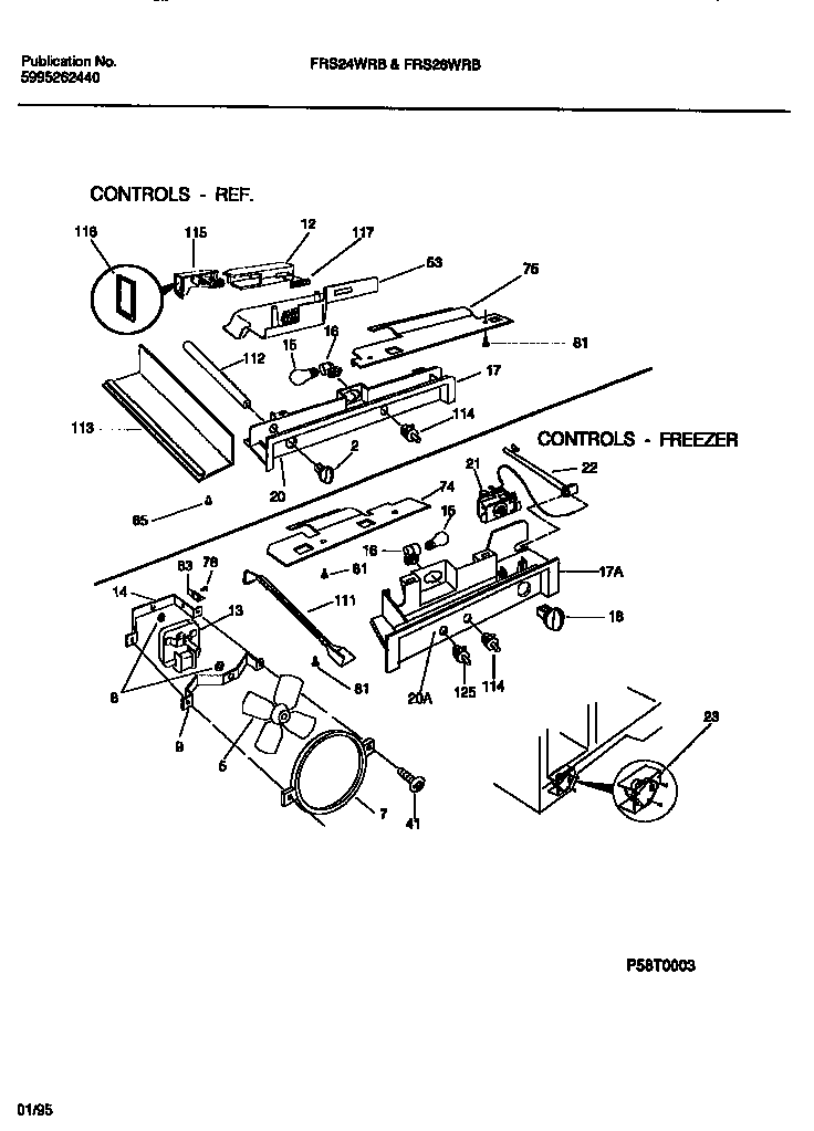 Frigidaire FRS26WRBW1 controls, damper, fan section diagram
