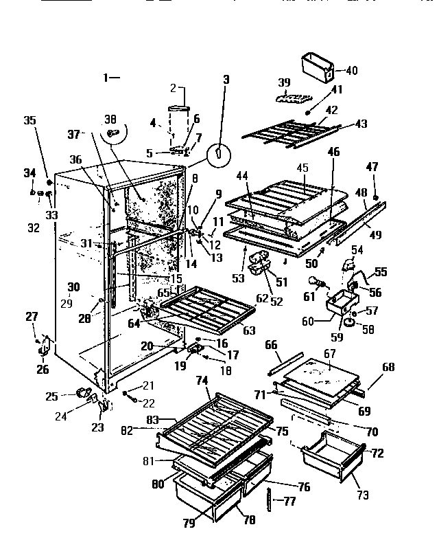 White-Westinghouse RT217JCD0 cabinet, shelves, divider, fan assembly diagram