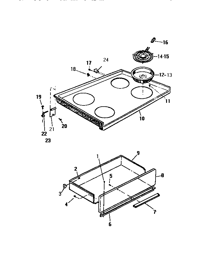 White-Westinghouse KF404GDW0 top, drawer diagram