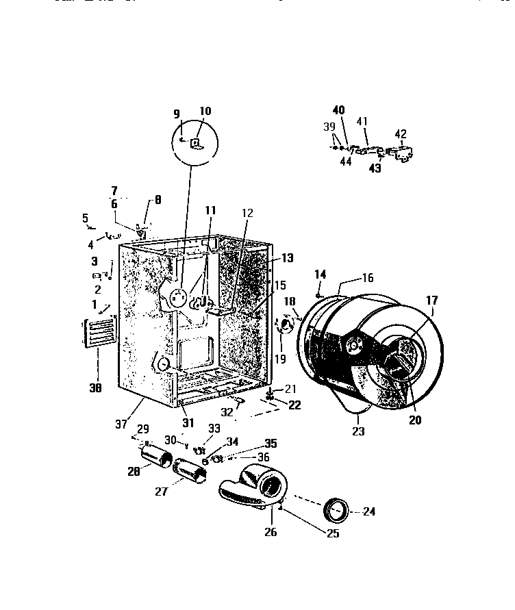 White-Westinghouse DE650EDF5 cabinet, drum, heater housing diagram