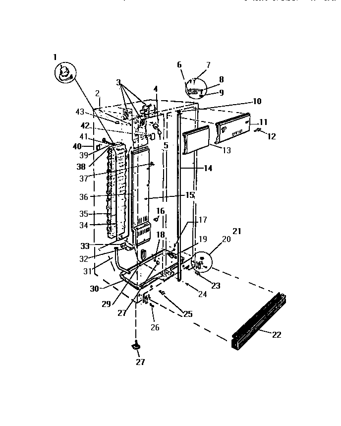 White-Westinghouse RS192GCV3 evaporator, shelves, crisper pans diagram