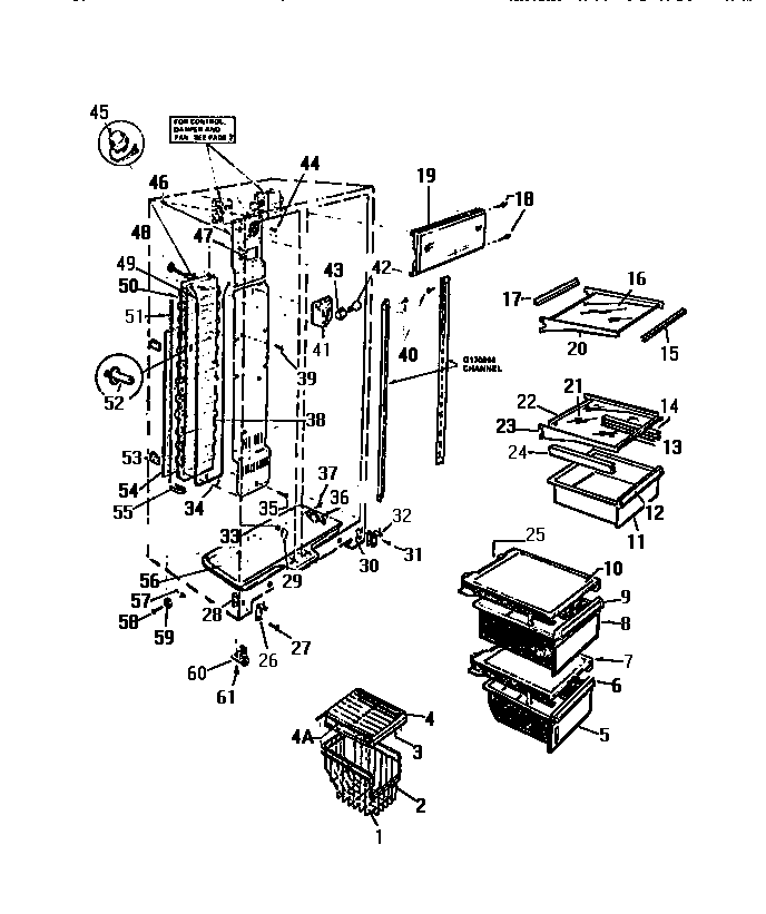 White-Westinghouse RS229GCD0 evaporator, shelves, crisper pans diagram