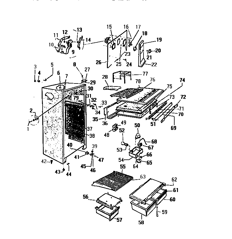 White-Westinghouse RT156HCH0 cabinet, shelves, divider, fan assembly diagram