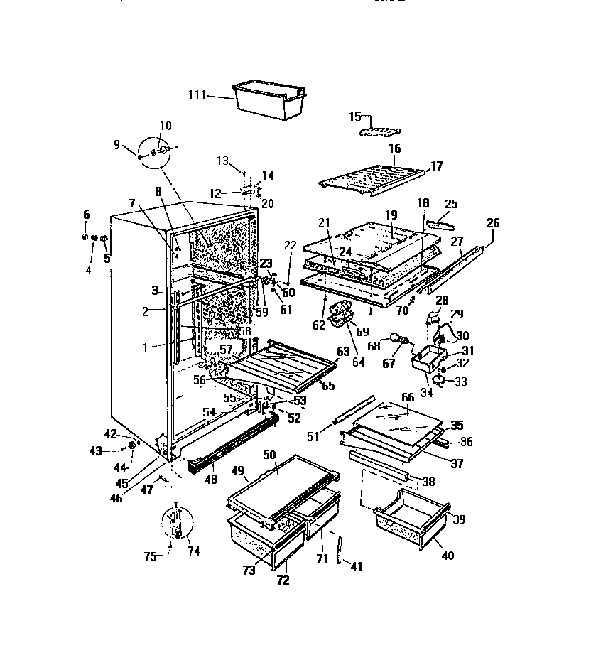White-Westinghouse RT190GCD3 cabinet, shelves, divider, fan assembly diagram