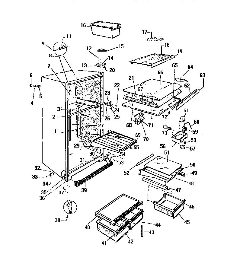 White-Westinghouse RT170GCF4 cabinet, shelves, divider, fan assembly diagram