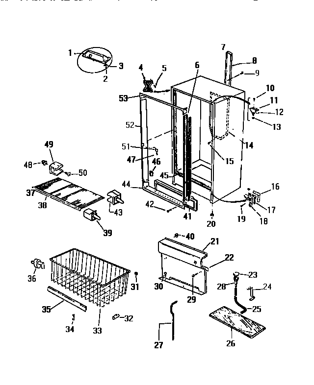 White-Westinghouse FU169ERD2 cabinet, shelves, divider, fan assembly diagram