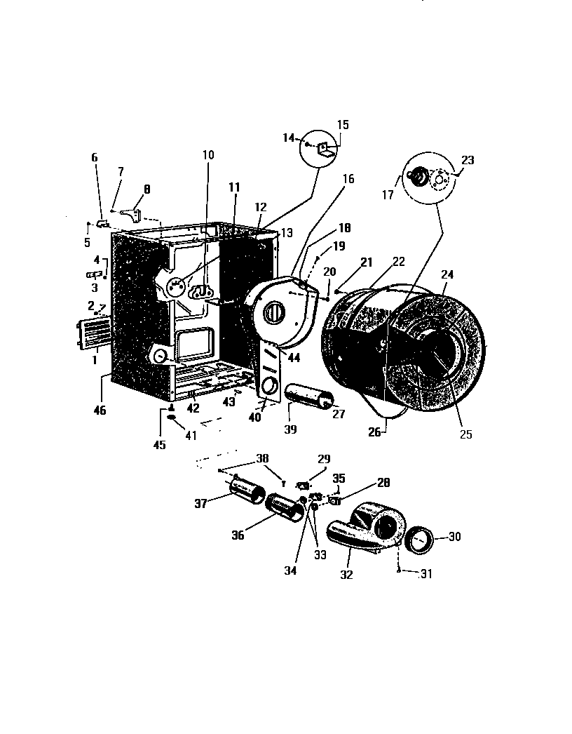 White-Westinghouse DG400EXV4 cabinet, drum, heater housing diagram