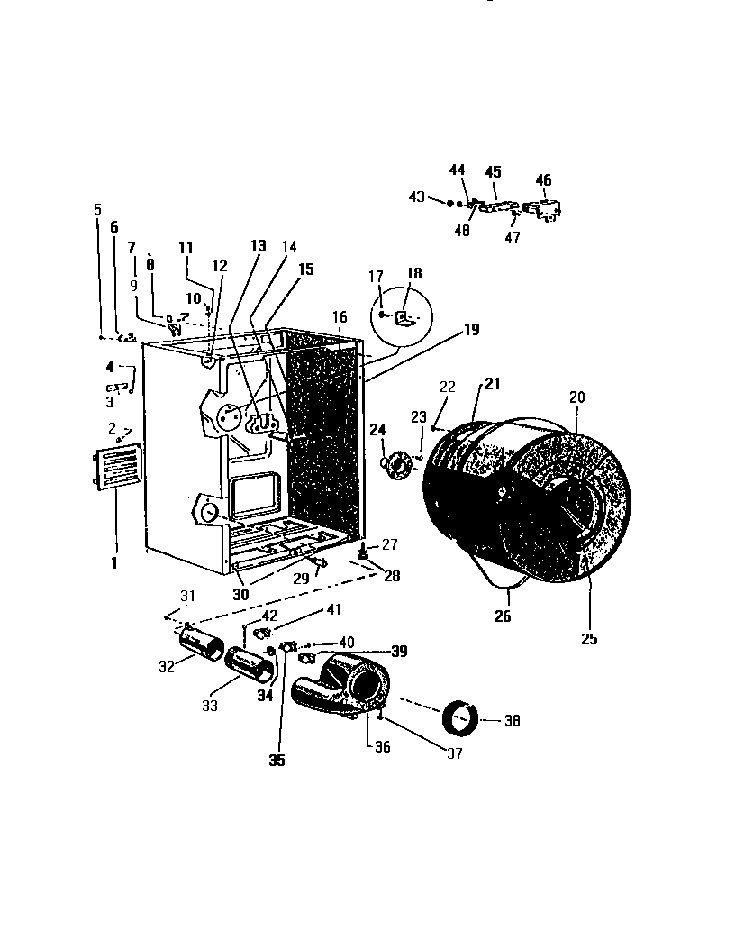 White-Westinghouse DE600EDF1 cabinet, drum, fan housing diagram