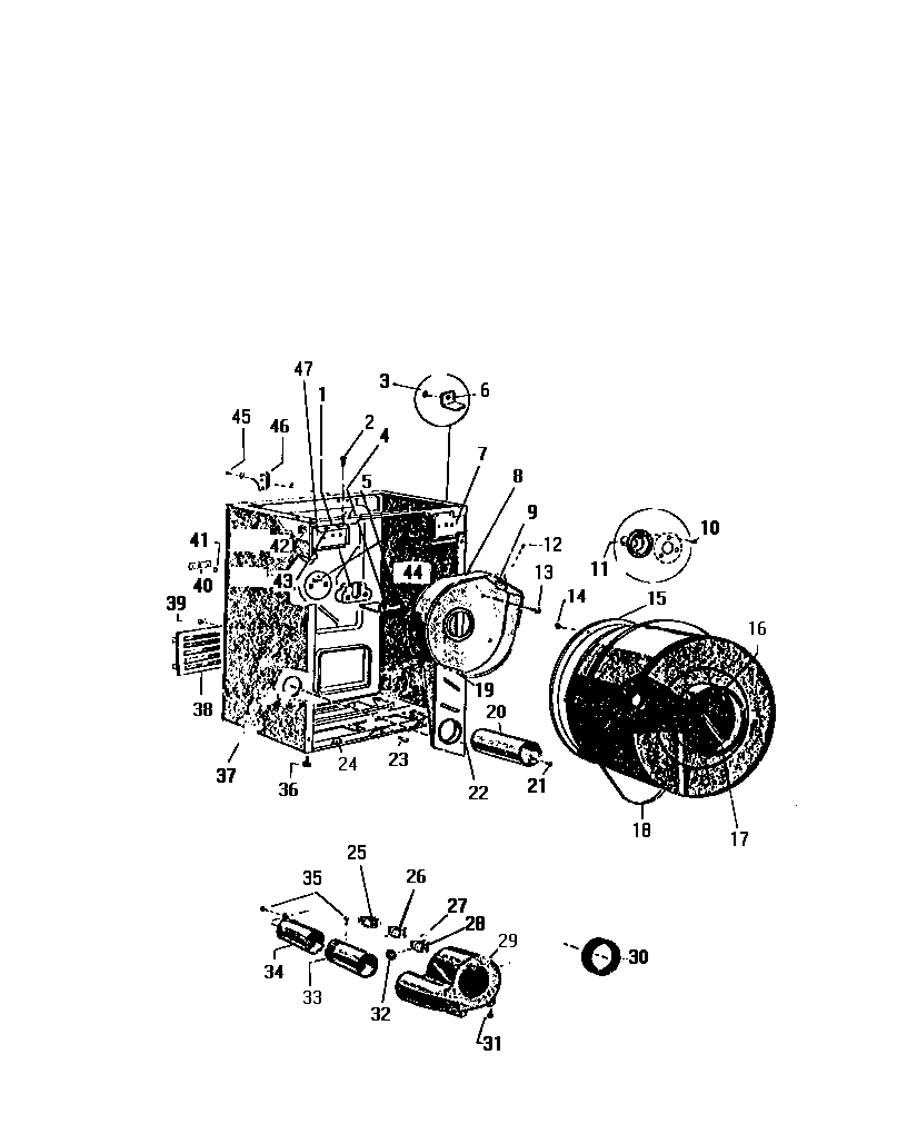White-Westinghouse DG250EXD1 cabinet, drum, heater housing diagram