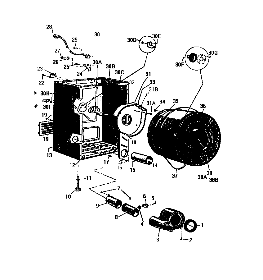 White-Westinghouse DG400JXF1 cabinet, drum, heater housing diagram