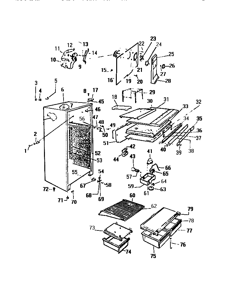 White-Westinghouse RT146GCF1 cabinet, shelves, dividler, fan assembly diagram