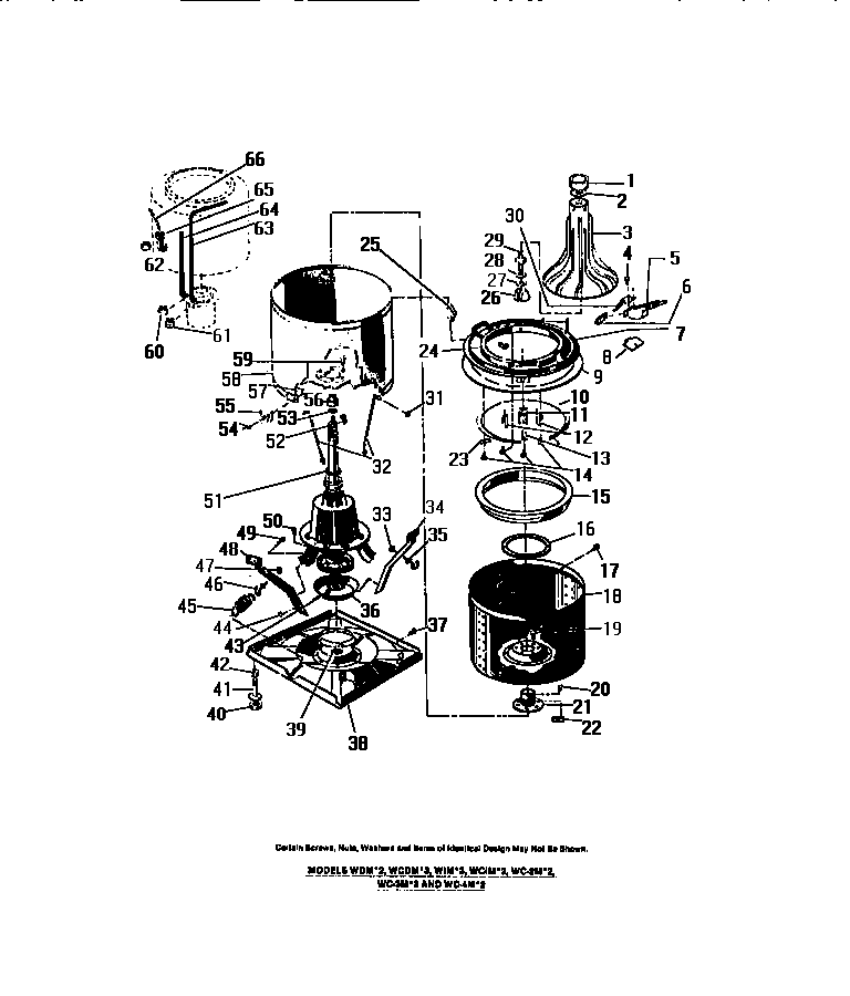 Frigidaire WC3ML3 tubs, base, sub-top, agitator diagram
