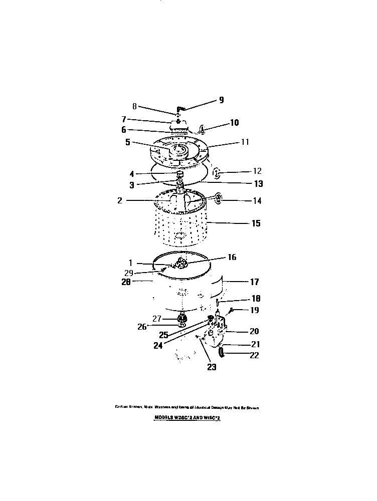 Frigidaire WDSCW2 outer tub, inner tub, sub top, agitator diagram