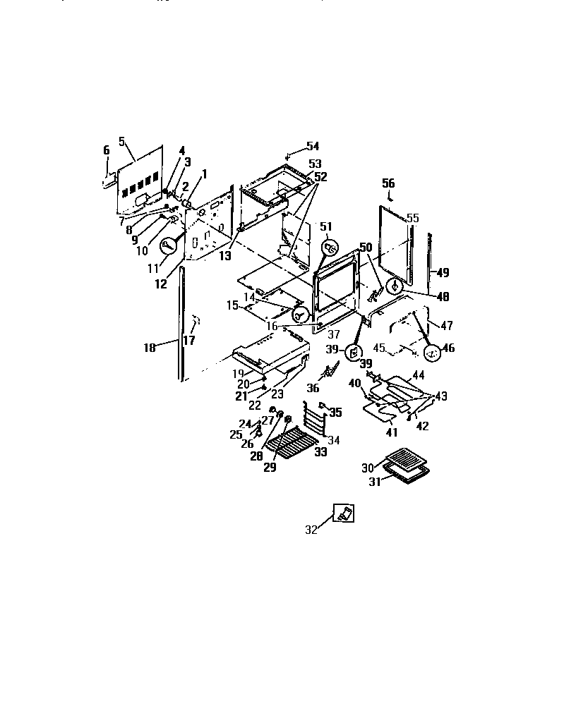 Frigidaire REG638ML5 lower oven, frame, shelves, elements diagram