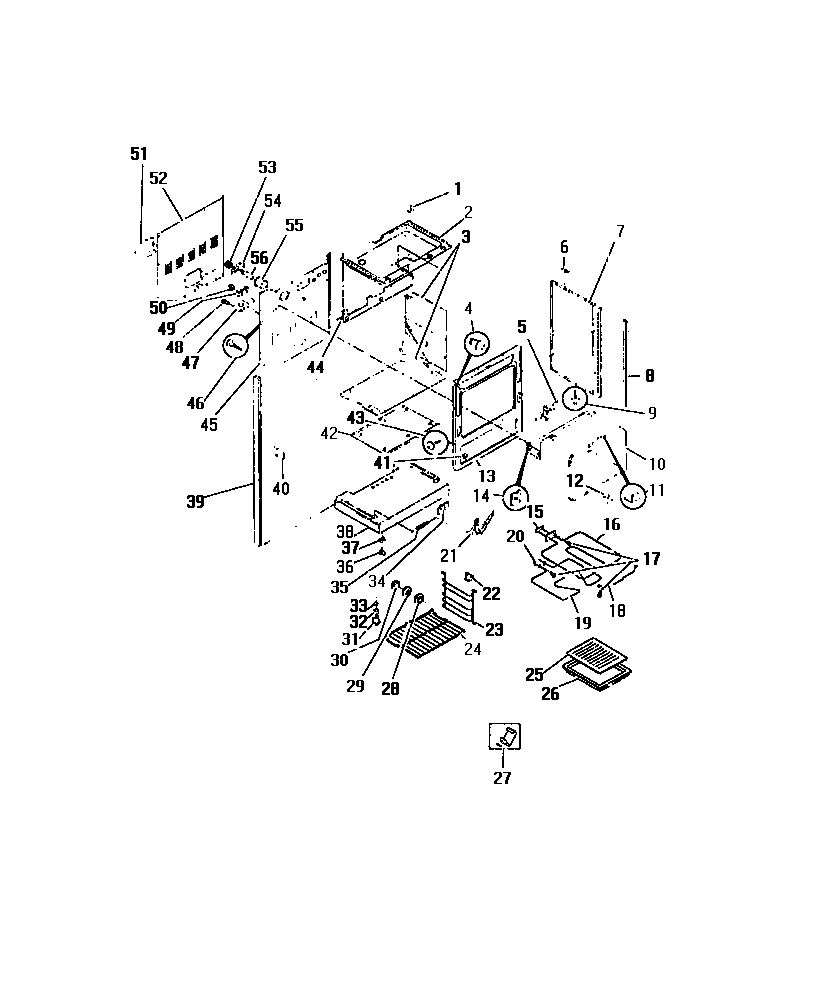 Frigidaire REG638MCH7 lower oven, frame, shelves, elements diagram