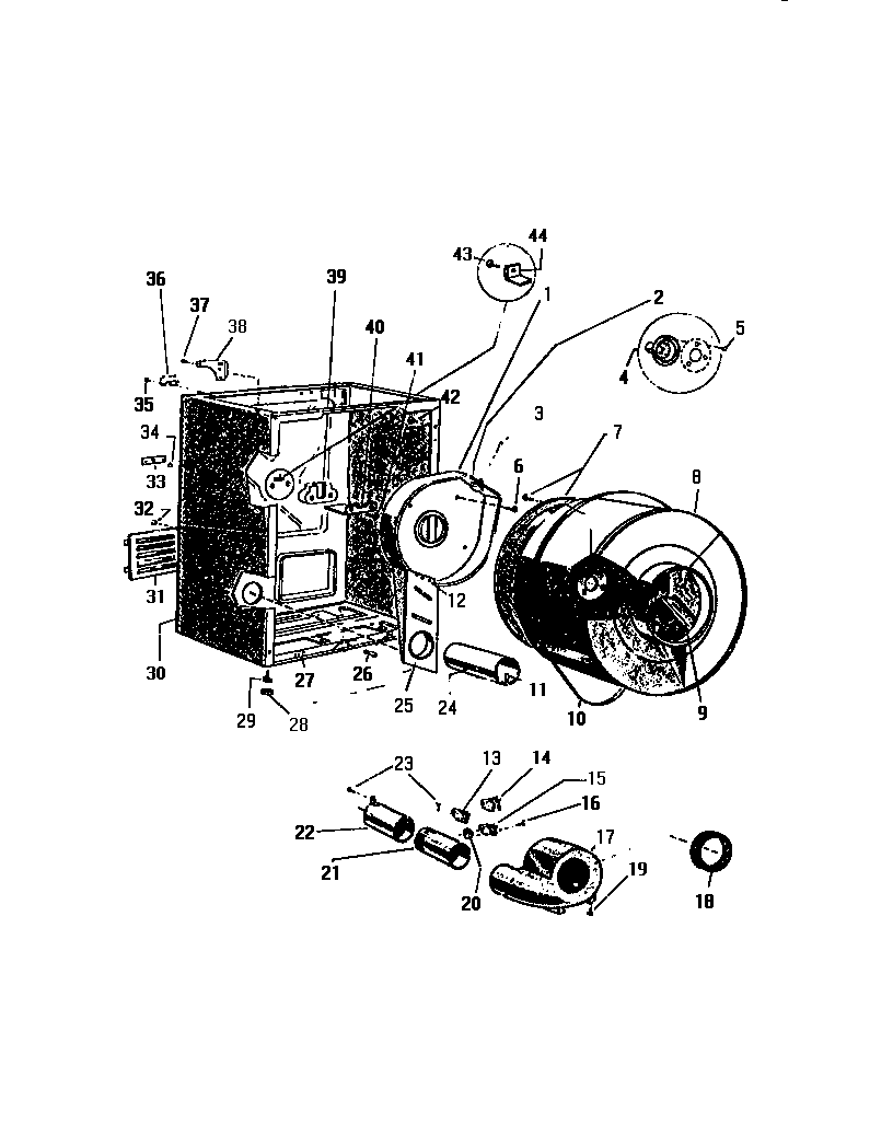 White-Westinghouse DG800EXV2 cabinet, drum, heater housing diagram