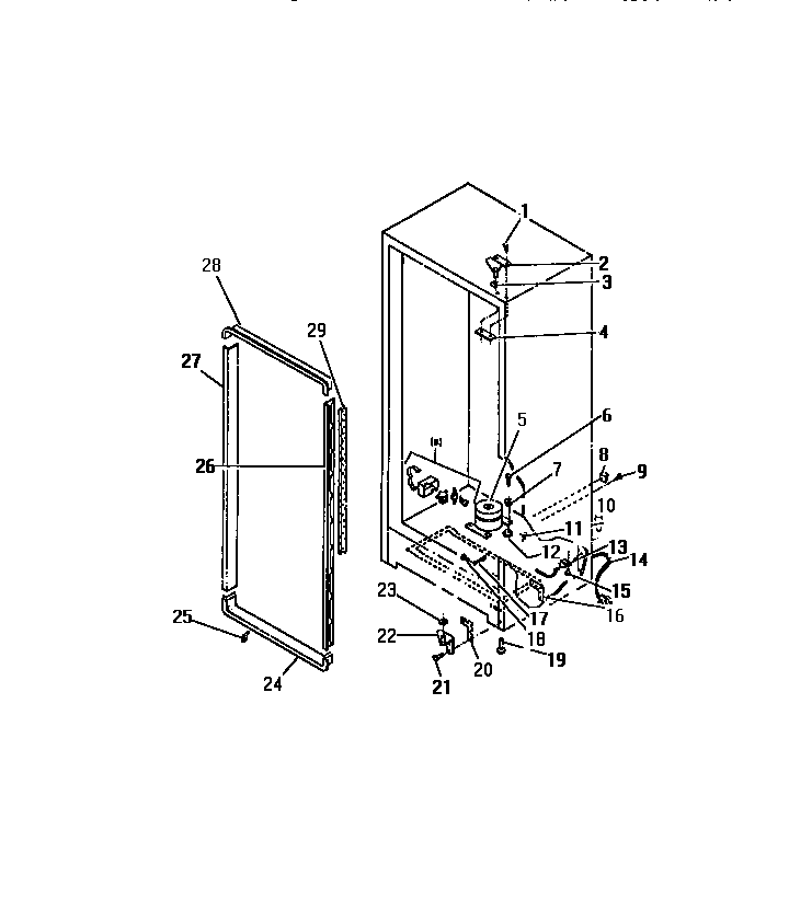 Frigidaire UFS16KW2 cabinet hinges, apron, door mouldings diagram