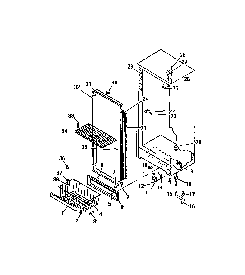 Frigidaire UF21DL1 cabinet hinges, apron, door mouldings diagram