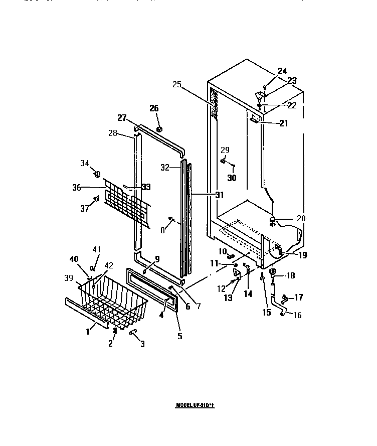 Frigidaire UF21DL1 cabinet hinges, apron, door mouldings diagram