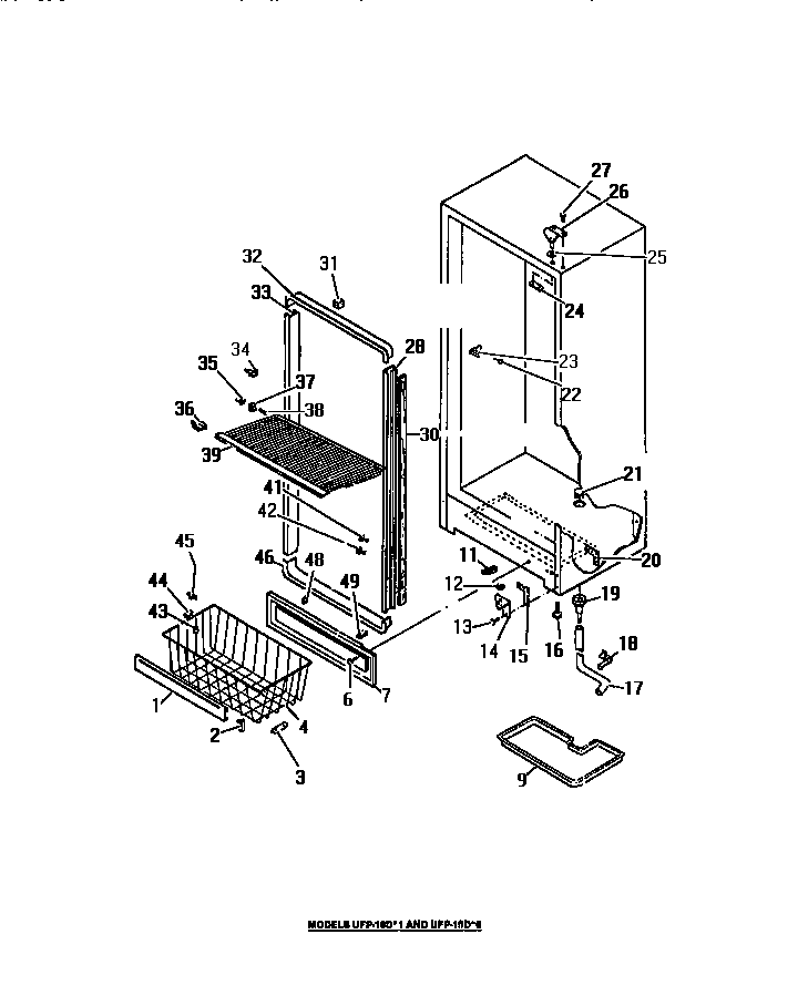 Frigidaire UF21DL1 cabinet hinges, apron, door mouldings diagram