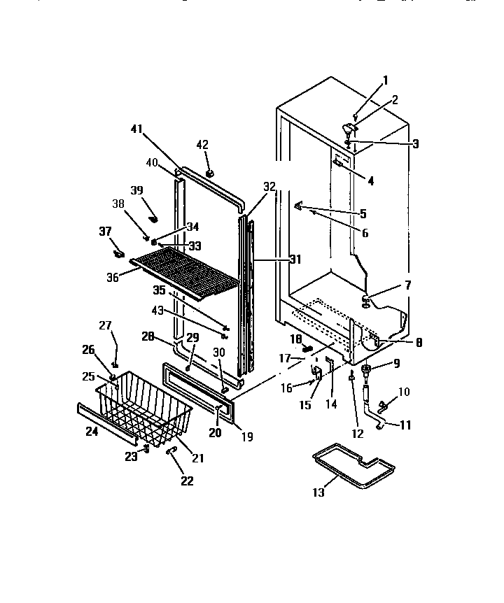 Frigidaire UF13DL4 cabinet hinges, apron, door mouldings diagram