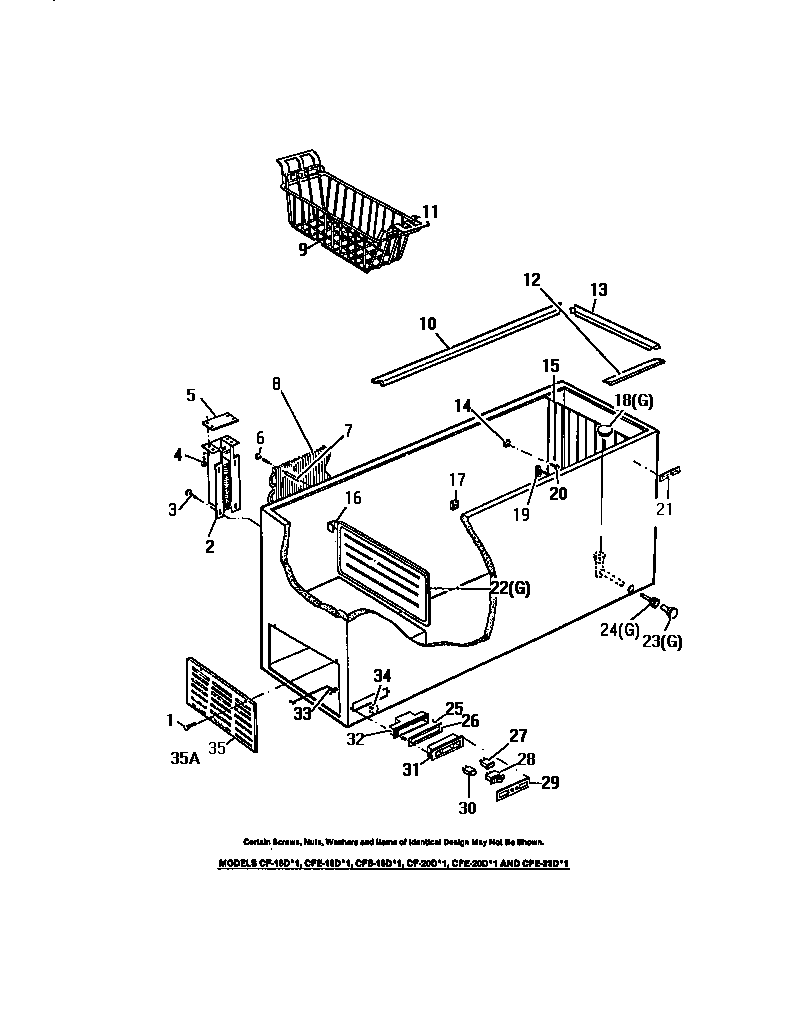 Frigidaire CFE16DL1 cabinet exterior & interior diagram