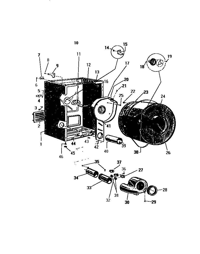White-Westinghouse DG600EXH1 cabinet, drum, heater housing diagram