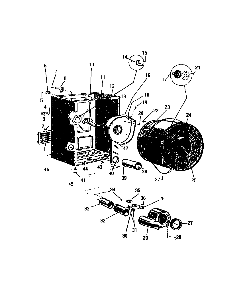 White-Westinghouse DG700EXV5 cabinet, drum, heater housing diagram