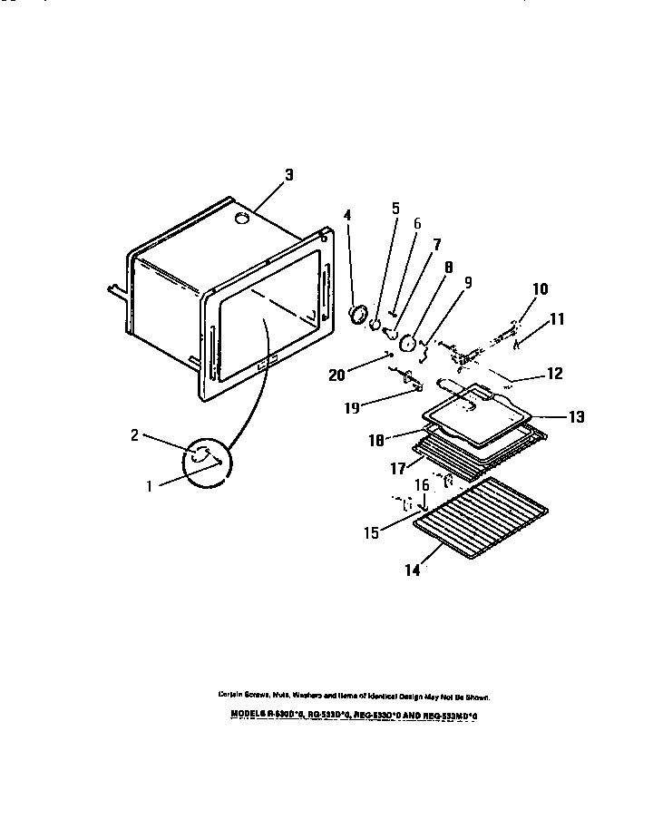 Frigidaire R530DH0 oven liner, racks, bake, broil elements diagram